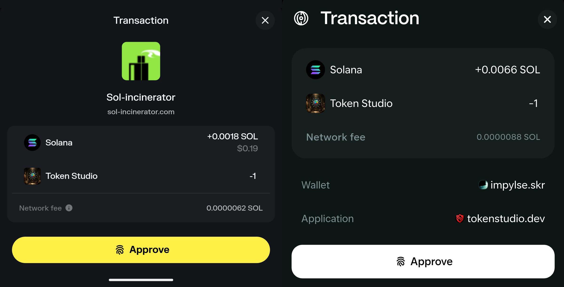 Sol Incinerator alternative comparison between Sol Incinerator and Token Studio wallet transaction previews